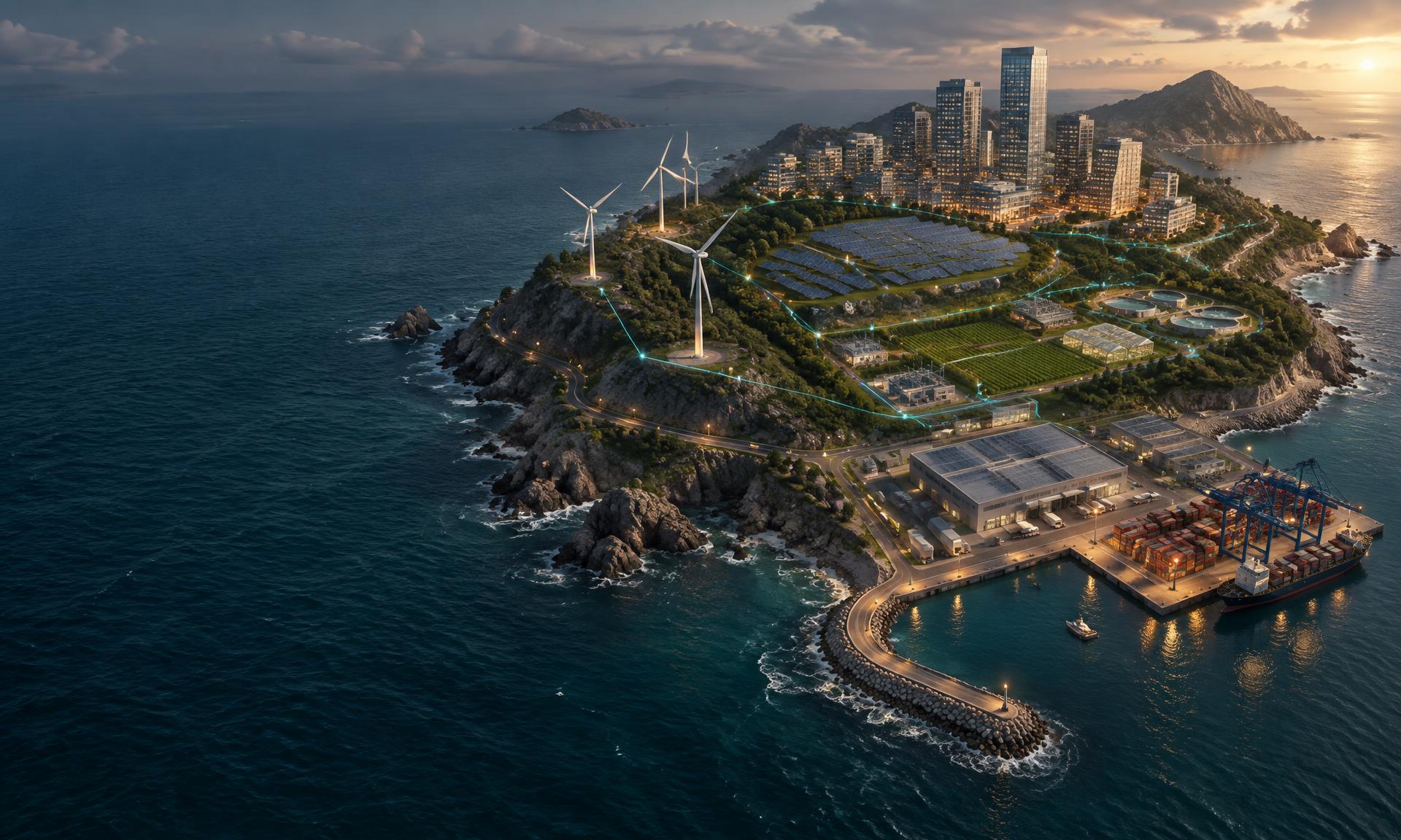 A coastal city, solar farm, agriculture, wind energy and port connected as one real-world asset ecosystem